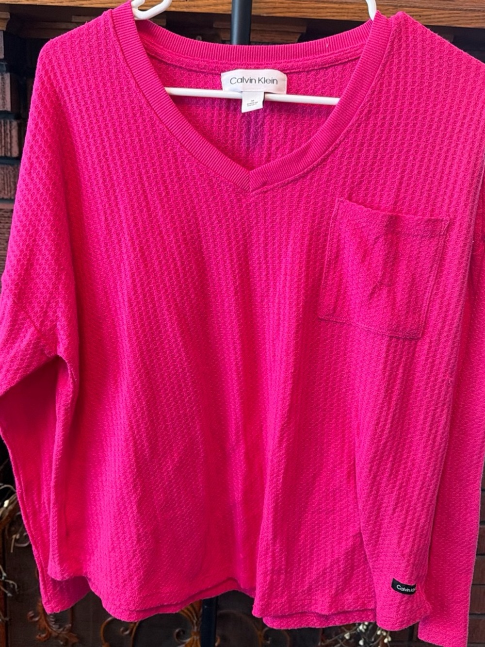 Calvin Klein Women's V-Neck Long Sleeve Top in Bright Pink
